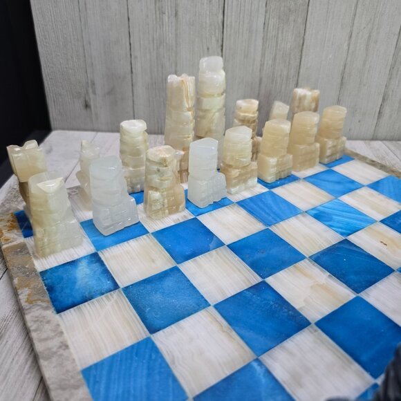 Vtg Aqua Blue White Marble Chess Board Carved Pieces Complete Set 13.5" x 13.5" - Picture 8 of 15